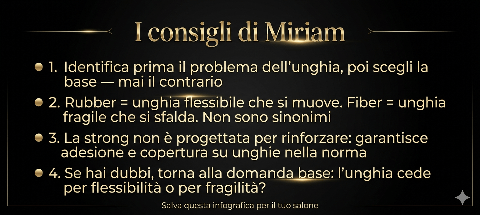 Infografica "I consigli di Miriam" su come scegliere tra base rubber, fiber e strong per tipologia di unghia — Hony Nails